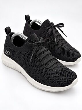 Skechers Black Stretch Knit Sneakers Memory Foam Slip On Faux Lace Up Size 11